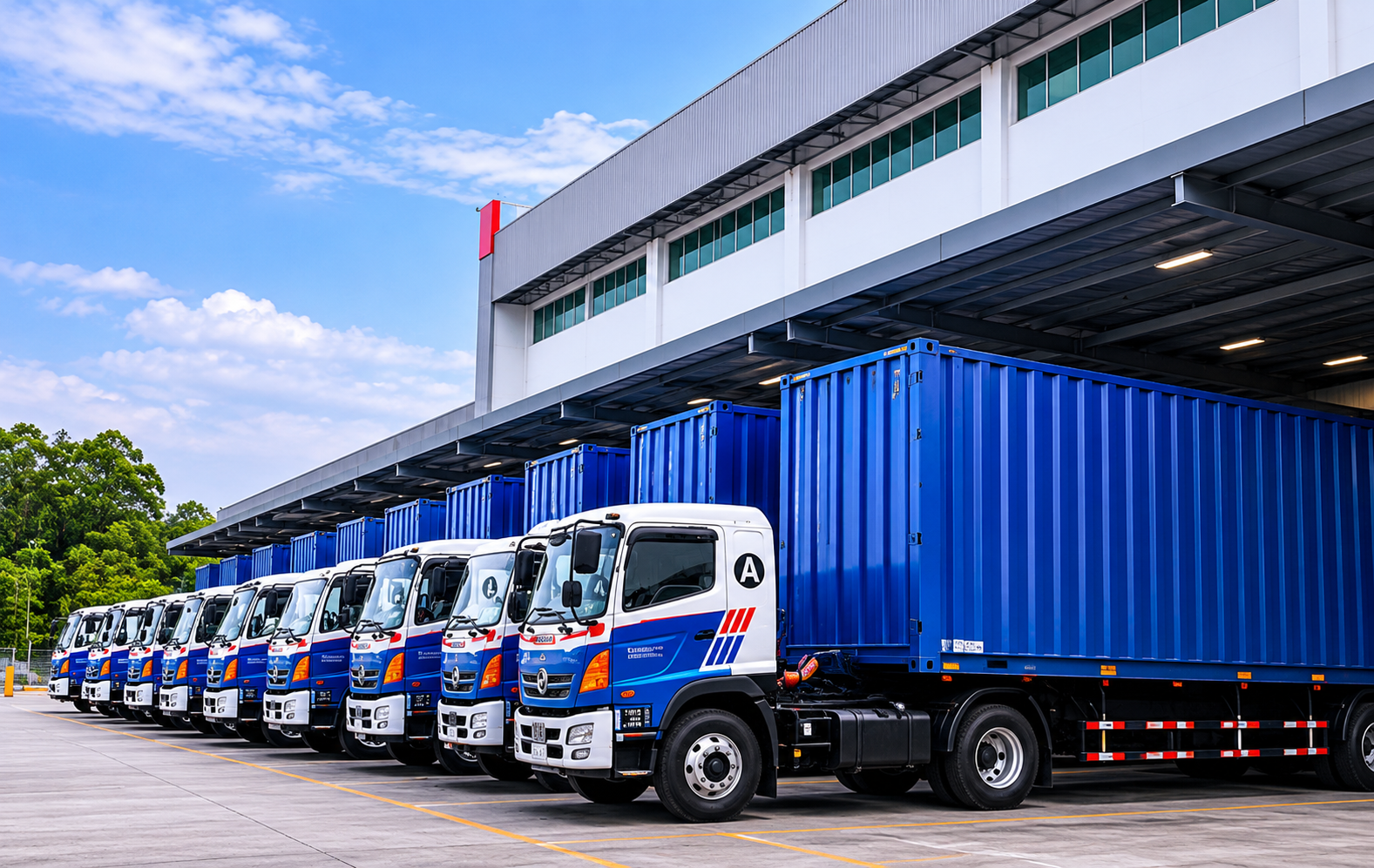Fleet of container trucks at warehouse loading area